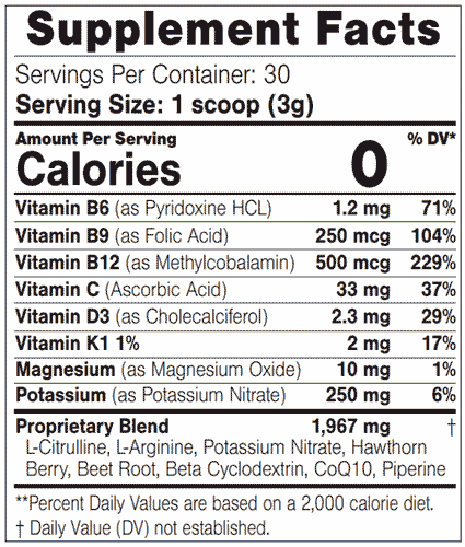 B-Cardio Supplement Nutritional Label